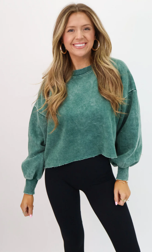 Washed Cropped Sweatshirt - Hunter Green