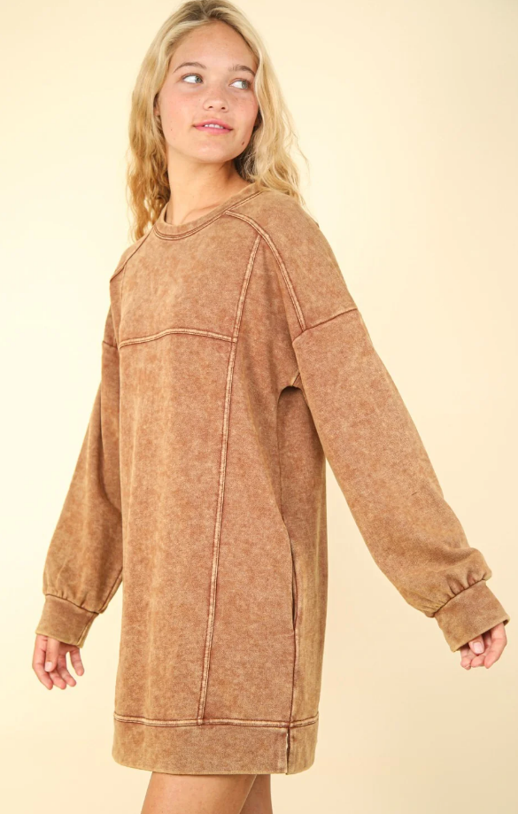 Milla Mineral Wash Mini Dress- Camel