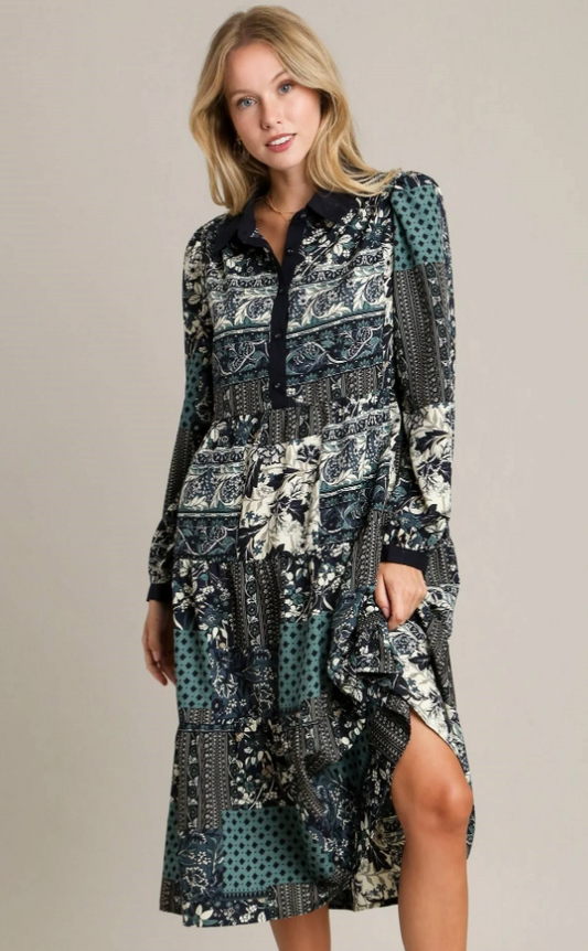 Navy Patchwork Mix Midi Dress