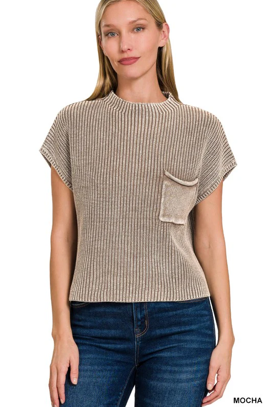Washed Mock Neck Short Sleeve Sweater