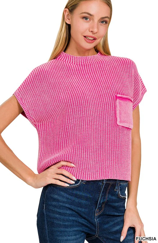 Washed Mock Neck Short Sleeve Sweater
