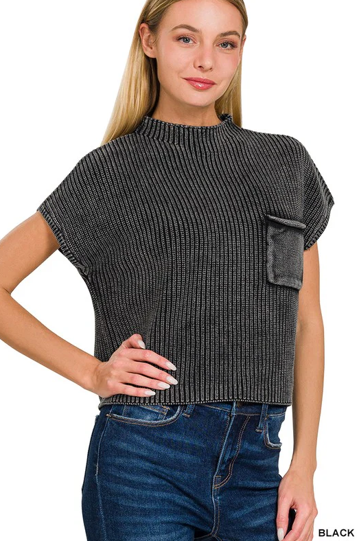 Washed Mock Neck Short Sleeve Sweater