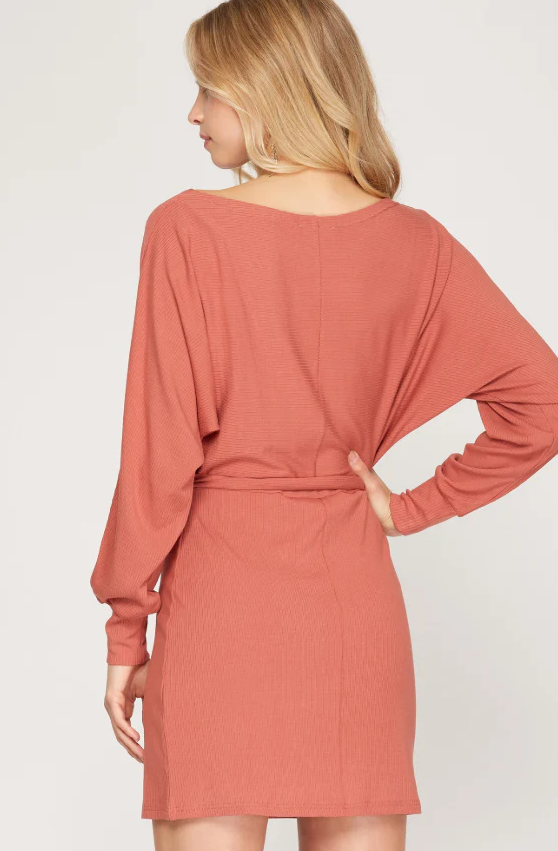 Cinnamon Waist Tie Ribbed Knit Dress