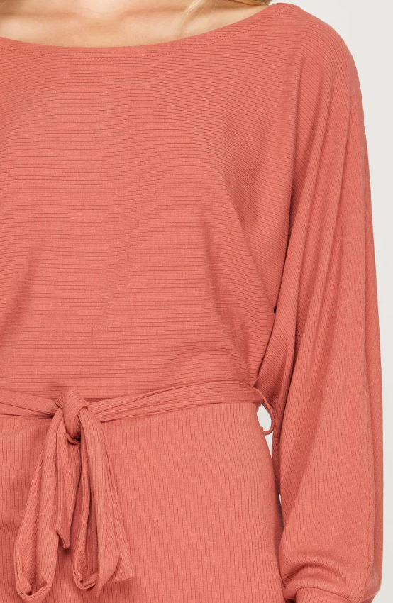 Cinnamon Waist Tie Ribbed Knit Dress