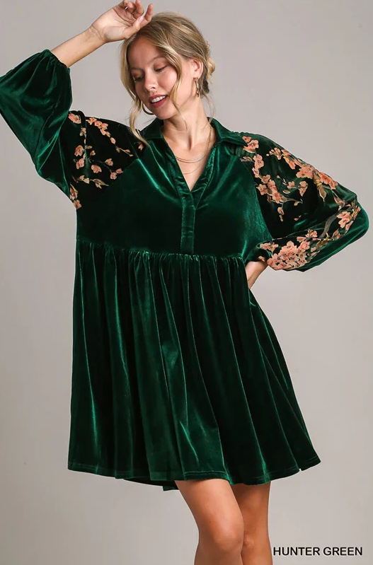 Forest Green Velvet Floral Long Sleeve Dress