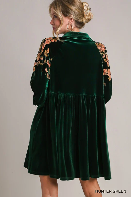 Forest Green Velvet Floral Long Sleeve Dress