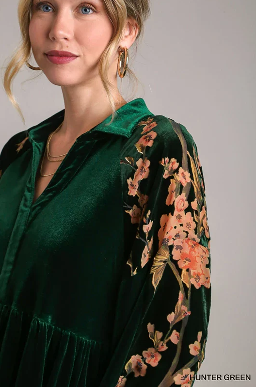 Forest Green Velvet Floral Long Sleeve Dress