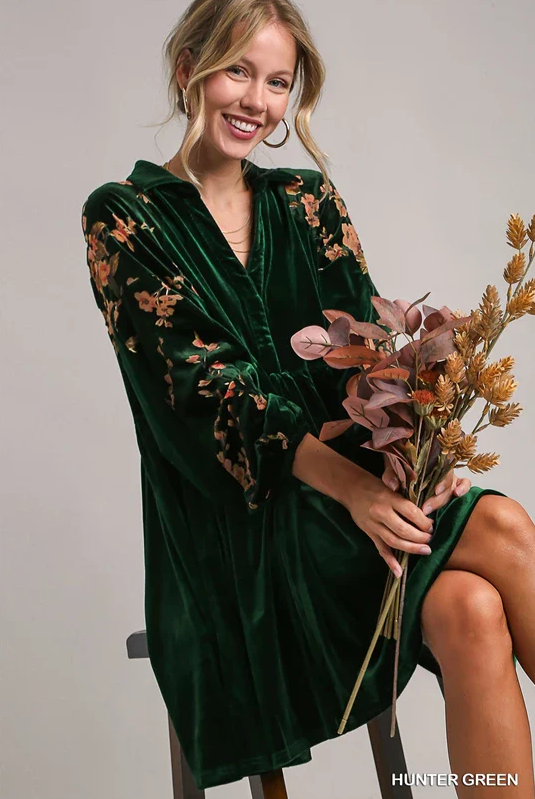 Forest Green Velvet Floral Long Sleeve Dress