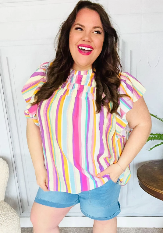 Multicolor Striped Flutter Sleeve Top