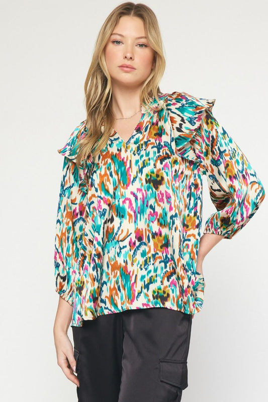 Ivory Abstract Ruffle Neck Top