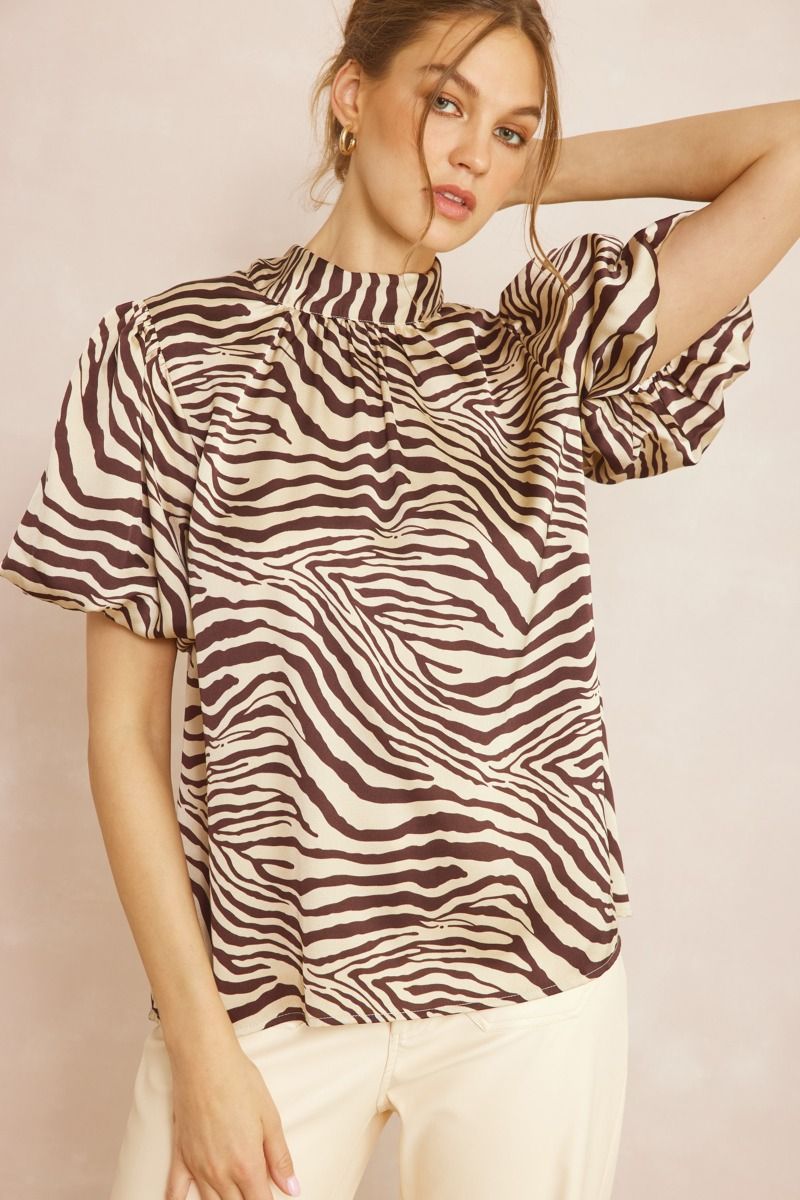 Satin Zebra Bubble Sleeve Top