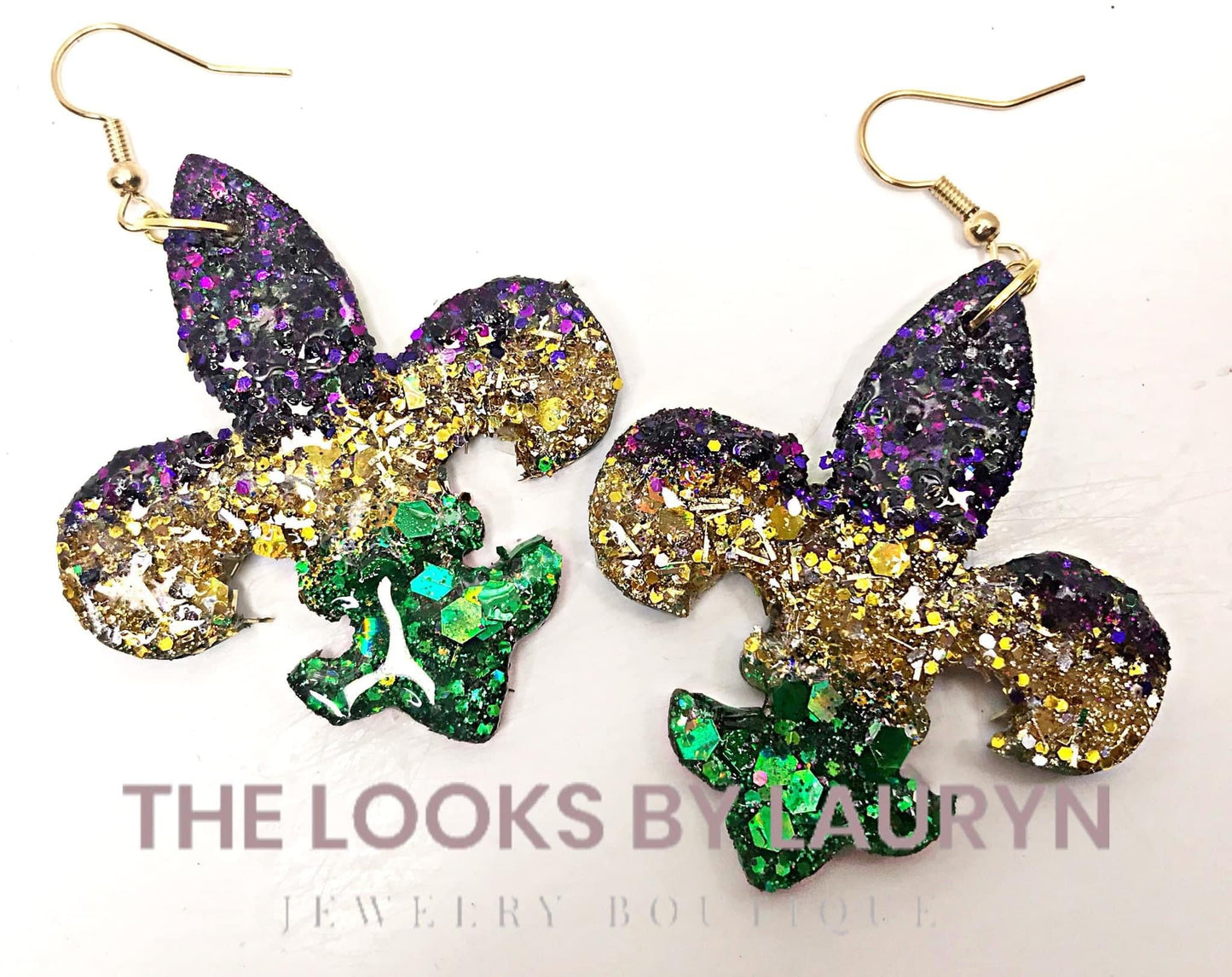 Mardi Gras Earrings Fleur De Lis Striped in Green Gold and Purple