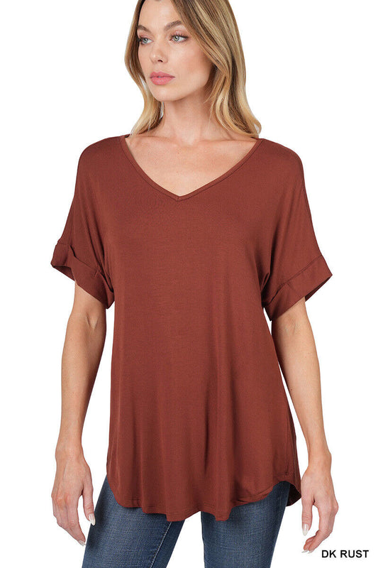 Dee Rolled Sleeve V-Neck Top- Rust