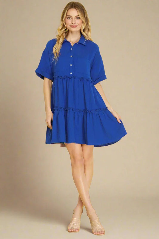 Tiered Gauze Mini Dress- Royal Blue