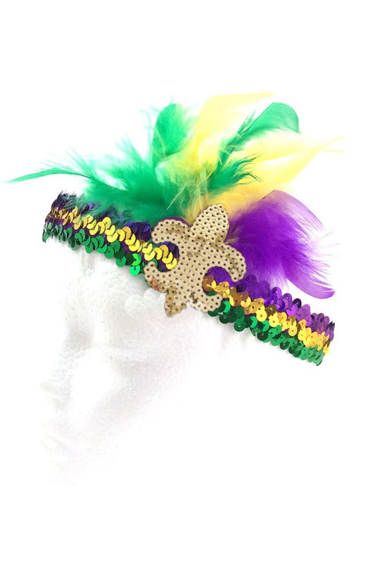 Mardi Gras Feather Fleur De Lis Sequin Headband