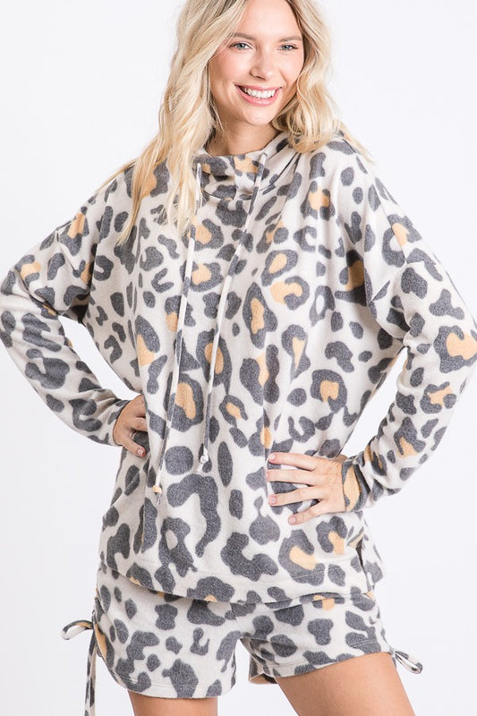 BRUSHED LEOPARD COWL NECK HOODED TOP