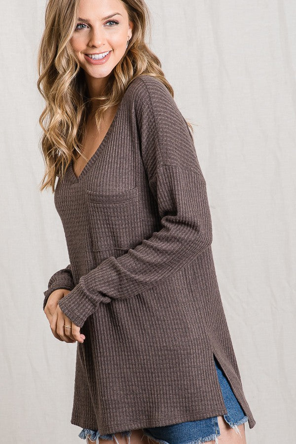 Coffee Brushed Waffle Knit Top
