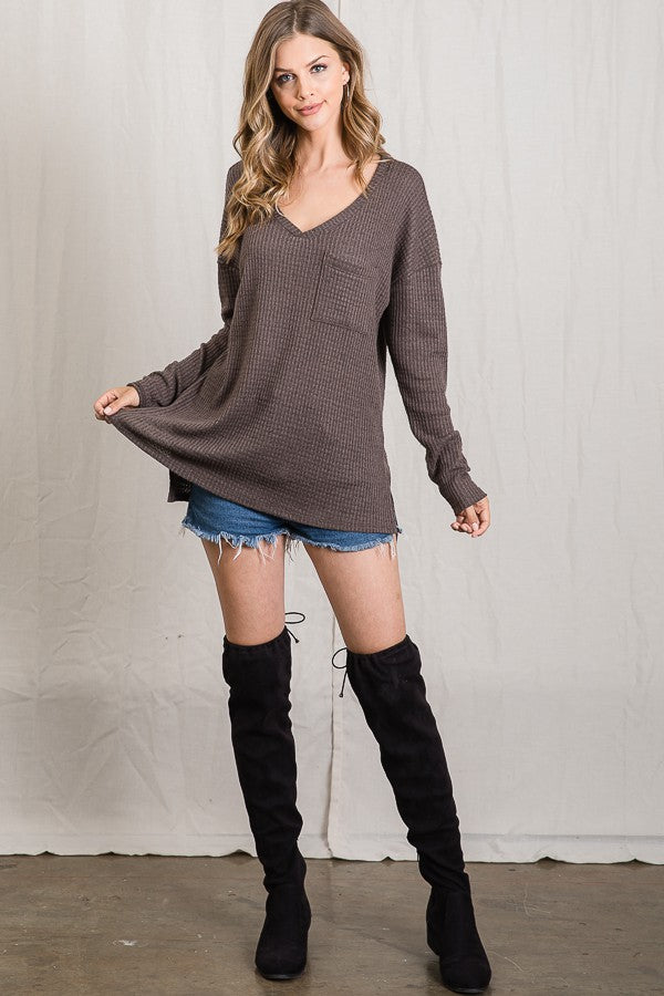 Coffee Brushed Waffle Knit Top