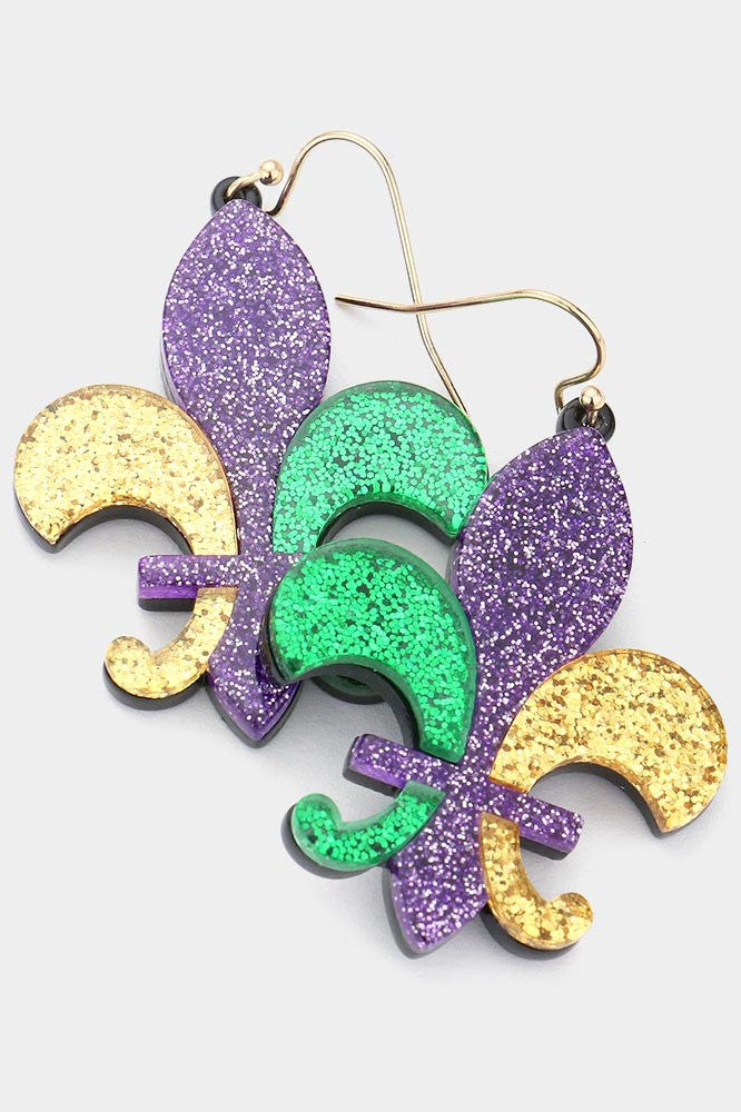 Mardi Gras Glittered Resin Fleur de Lis Earrings