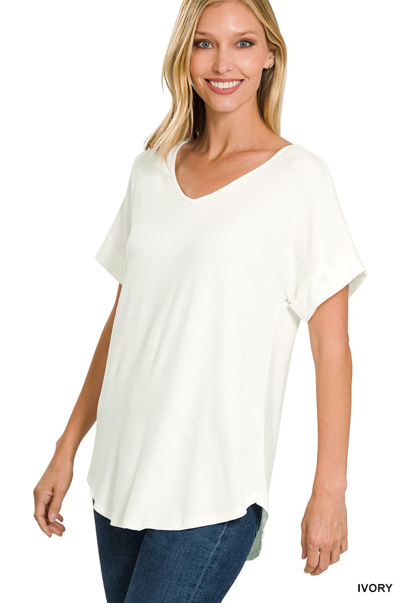 Dee Rolled Sleeve V-Neck Top- Ivory