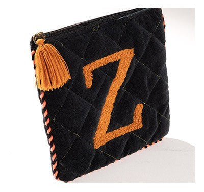 Embroidered Initial Velvet Pouch