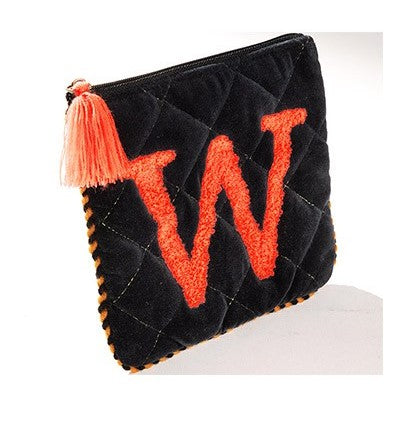 Embroidered Initial Velvet Pouch