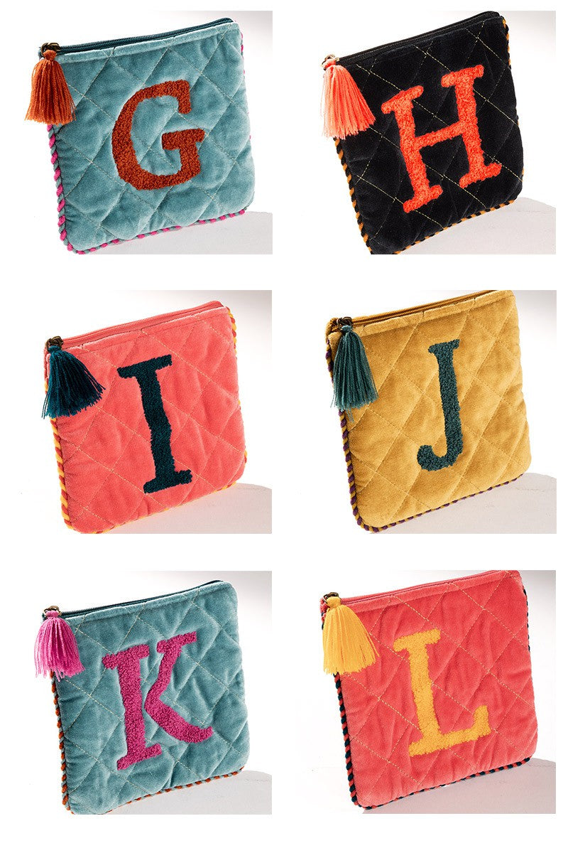 Embroidered Initial Velvet Pouch