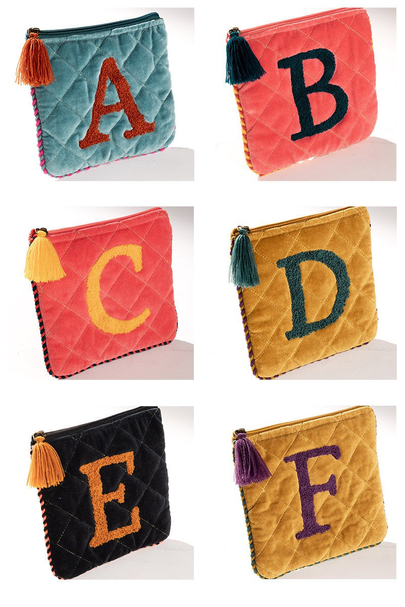 Embroidered Initial Velvet Pouch