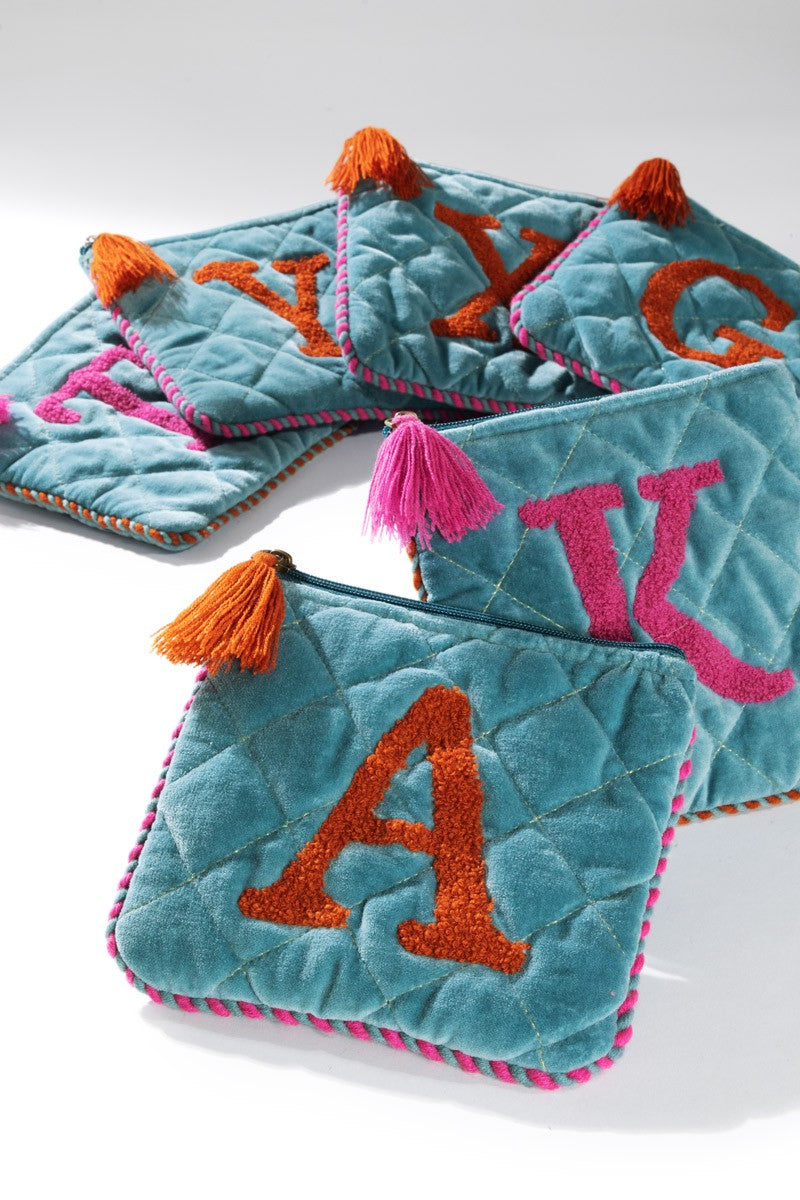 Embroidered Initial Velvet Pouch