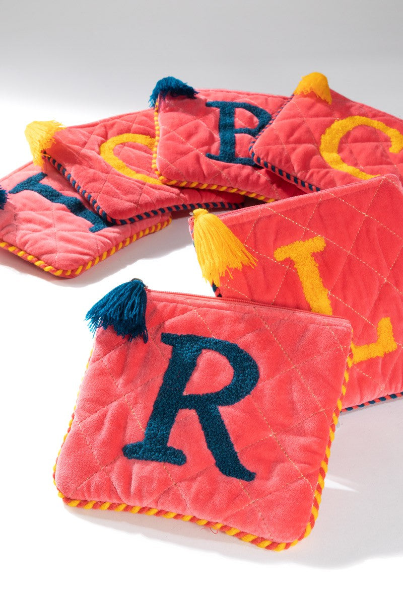 Embroidered Initial Velvet Pouch