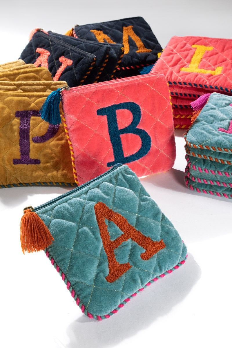 Embroidered Initial Velvet Pouch