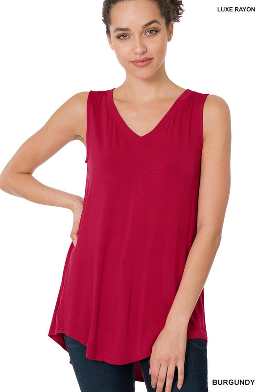 Erin V-Neck Rounded Hem Tank- Burgundy