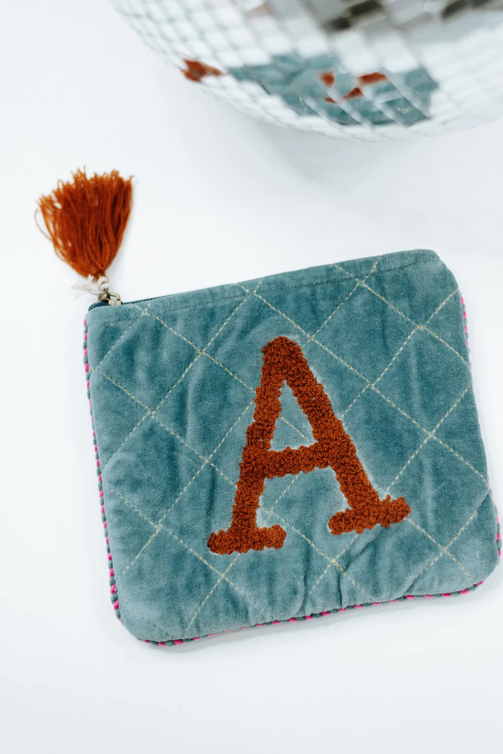 Embroidered Initial Velvet Pouch