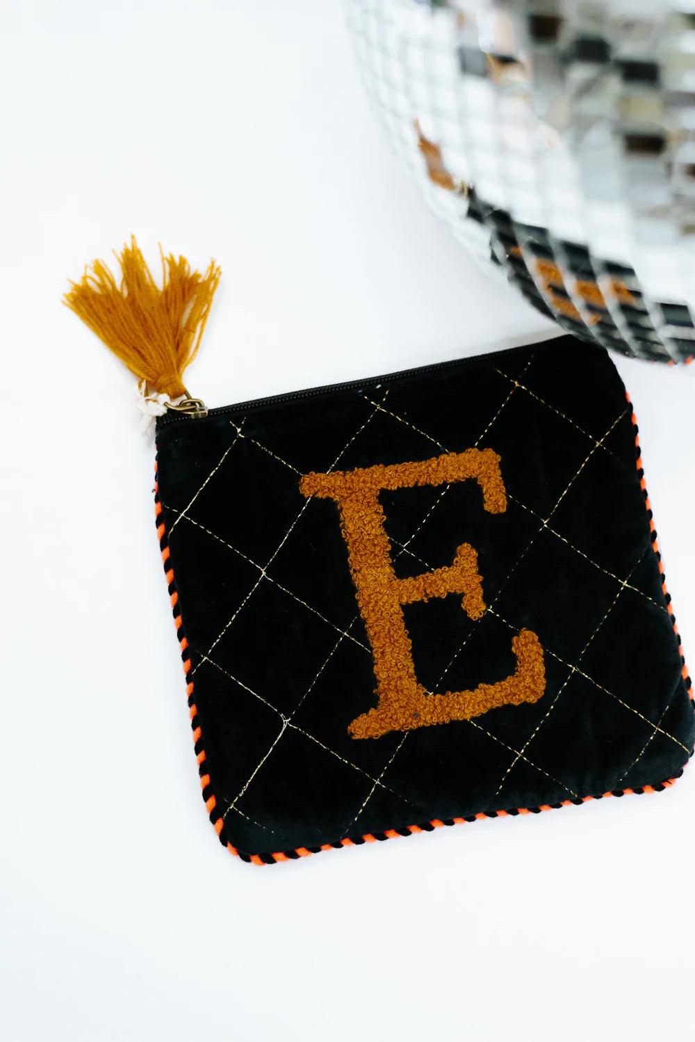 Embroidered Initial Velvet Pouch