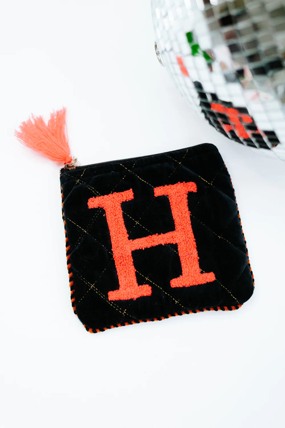 Embroidered Initial Velvet Pouch