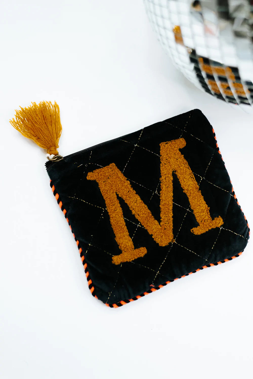 Embroidered Initial Velvet Pouch
