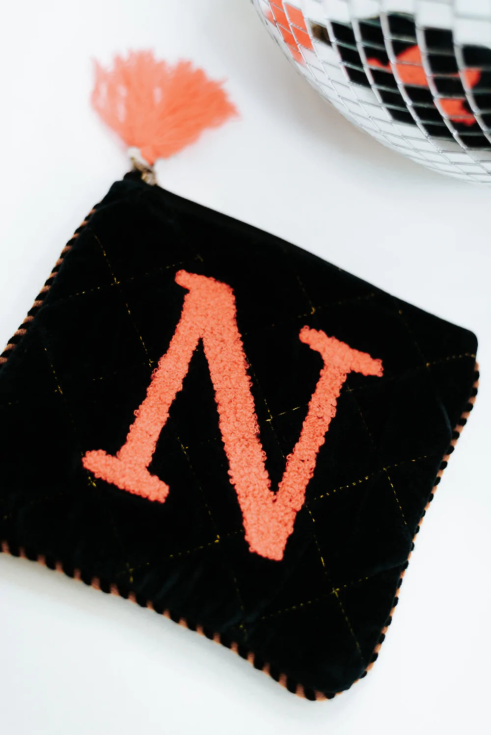 Embroidered Initial Velvet Pouch