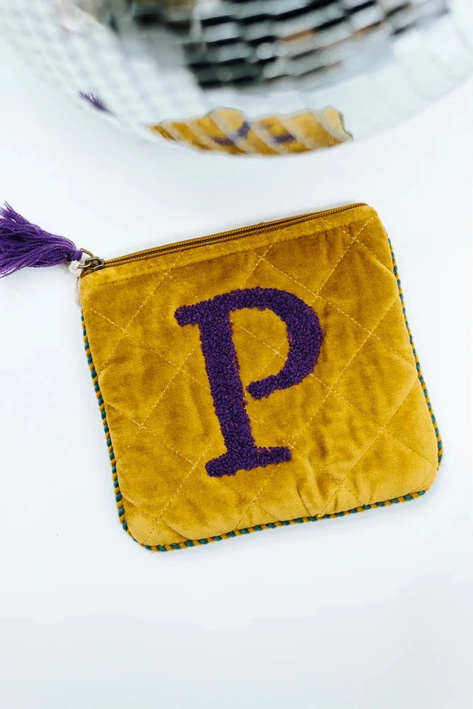 Embroidered Initial Velvet Pouch