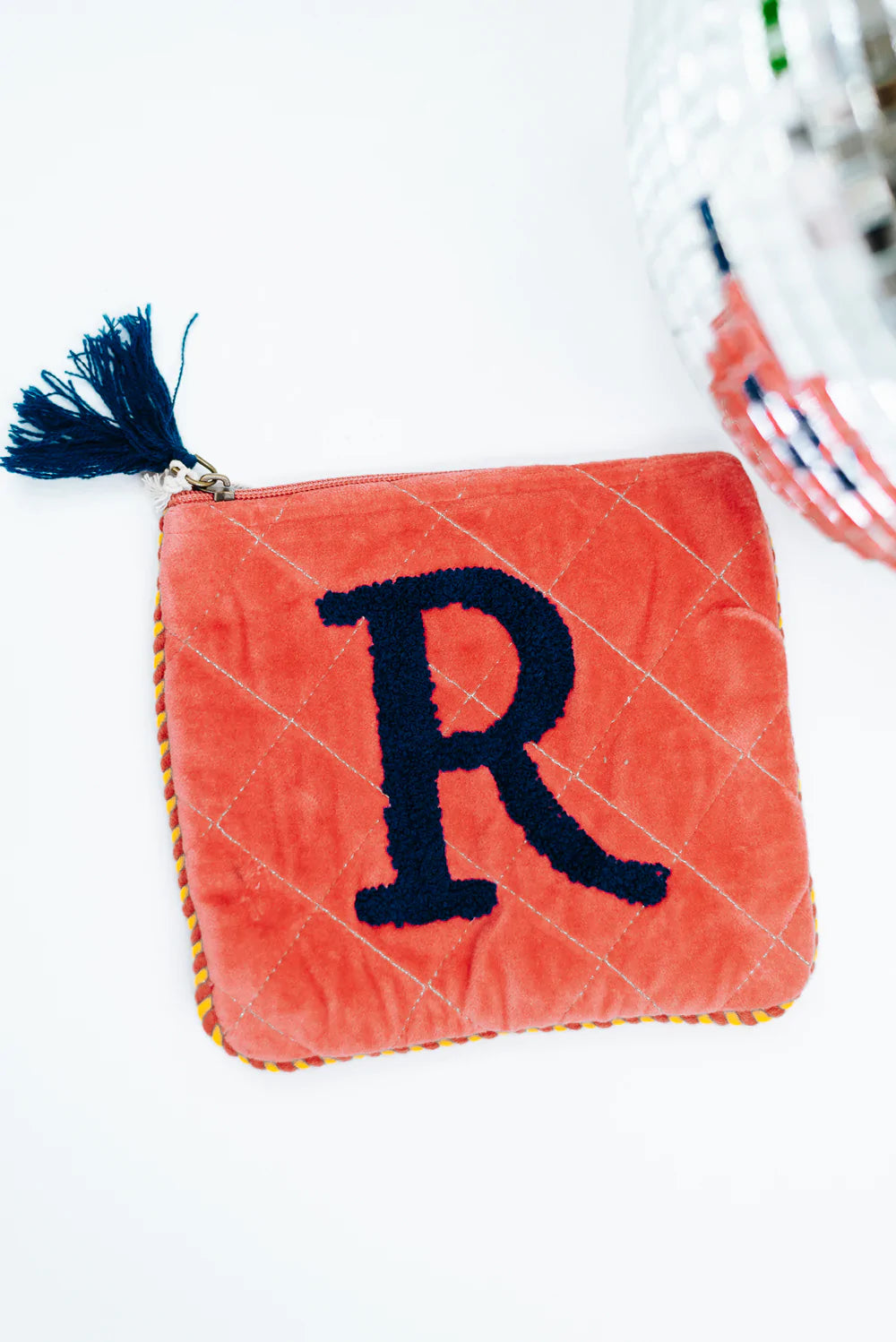 Embroidered Initial Velvet Pouch