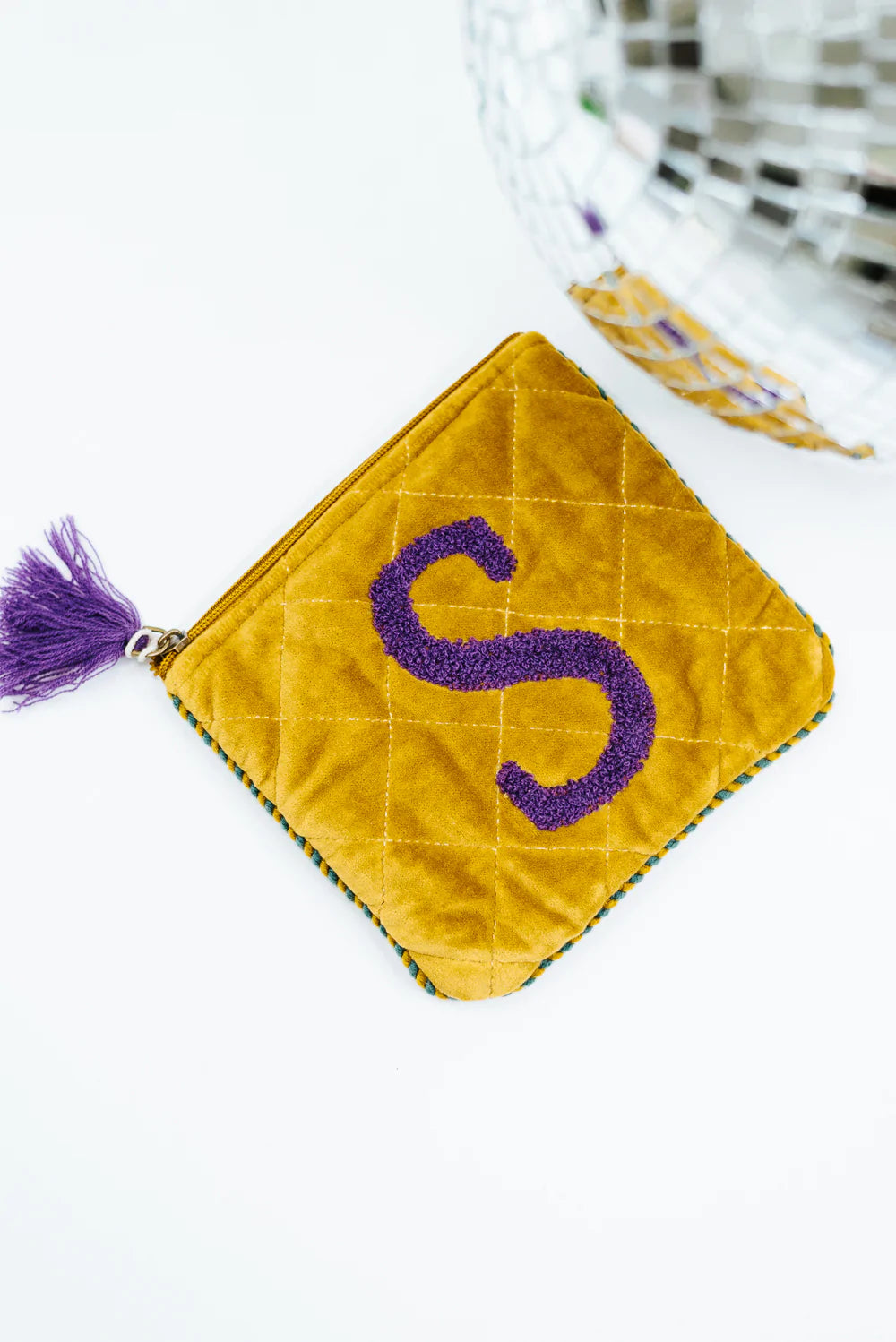 Embroidered Initial Velvet Pouch