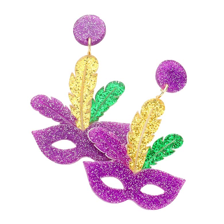 Mardi Gras Glittered Resin Mask Dangle Earrings