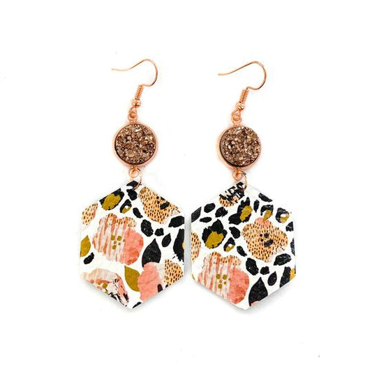 Druzy Dangle Pansies and Leopard Leather Earrings