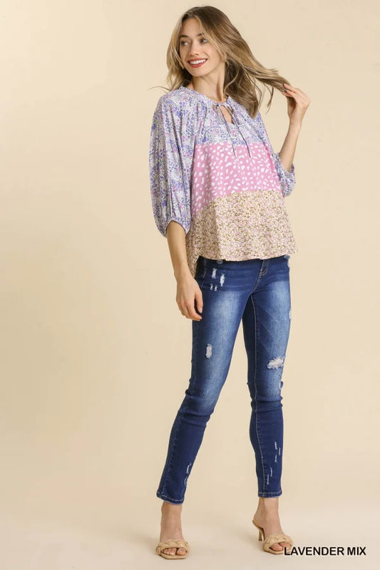 Lavender Mixed Colorblock Floral Top