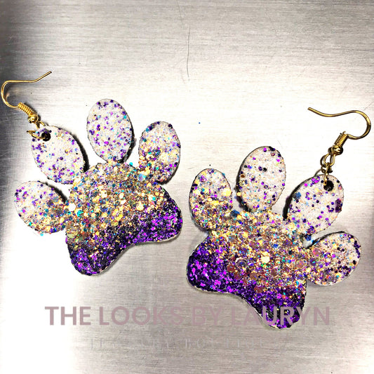 White Gold and Purple Ombré Paw Print Earrings