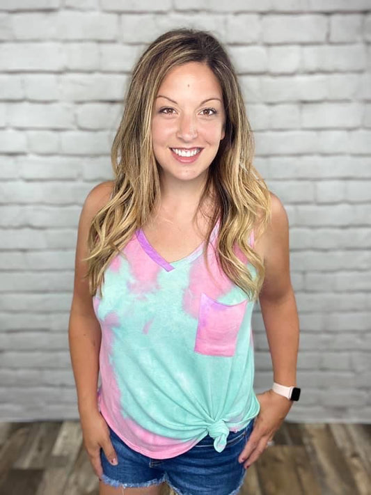 Tie Dyed Sleeveless Top with Front Pocket Detail