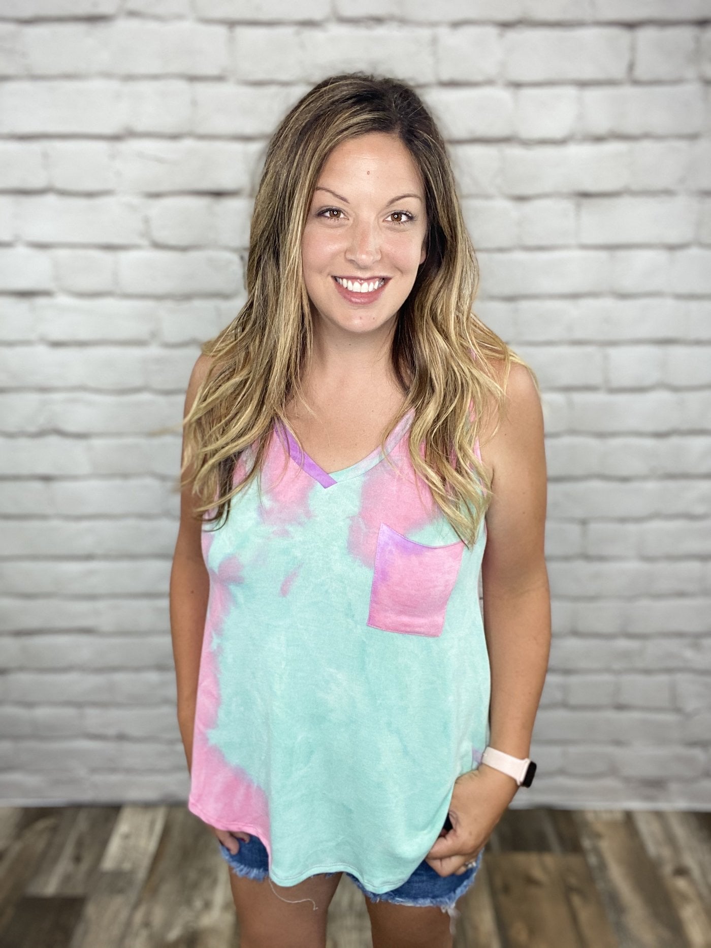 Tie Dyed Sleeveless Top with Front Pocket Detail