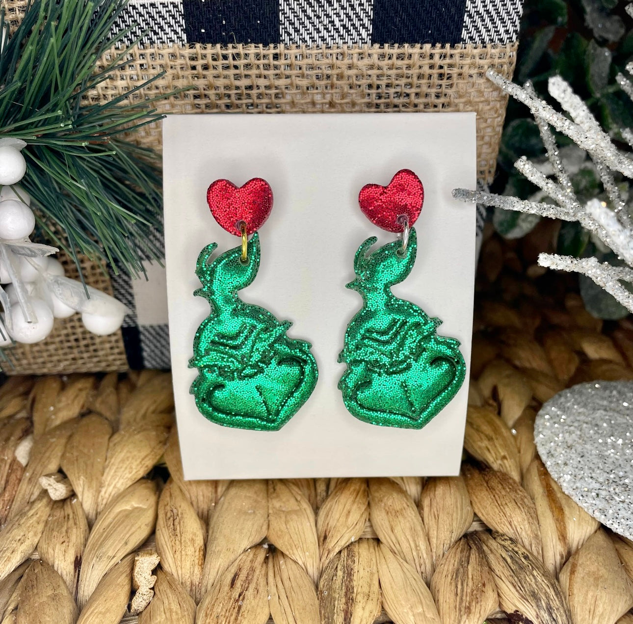 Dark Green Glitter Grinch Dangle Earrings