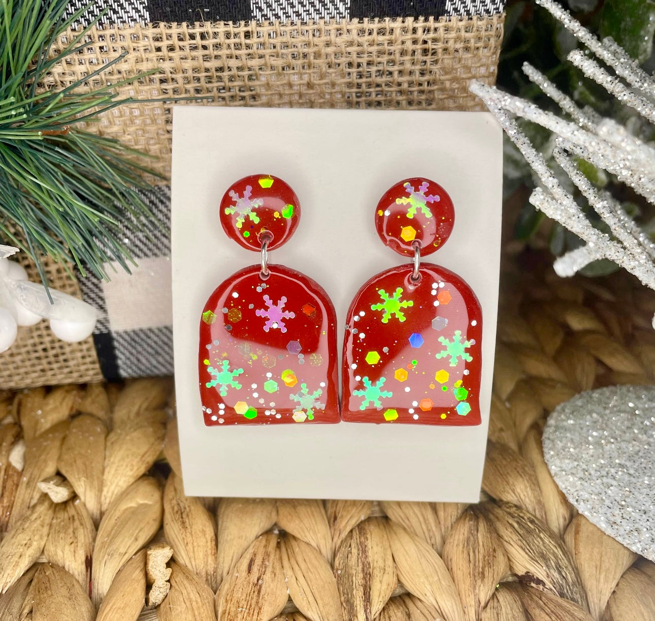 Red Christmas Snowflake Dangle Earrings