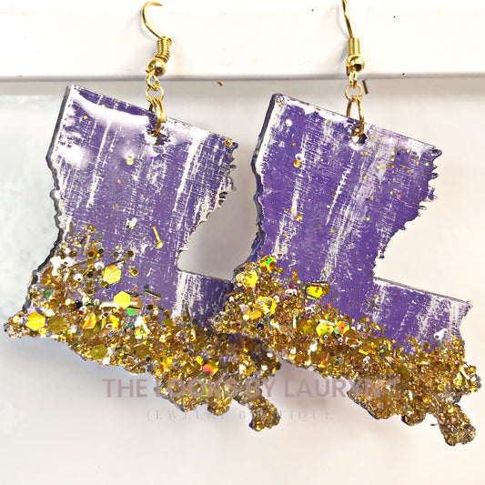 Purple and Gold Glitter Louisiana Glitter Earrings